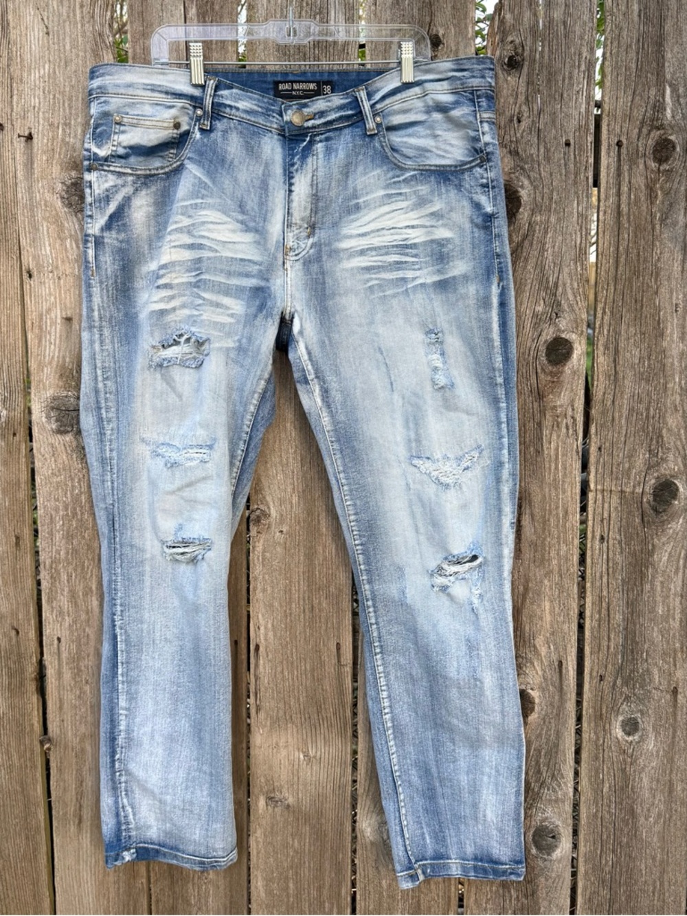 Road Narrows Mens Blue Stretch Jeans 38 X 32 Faded Ripped Distressed Streetwear